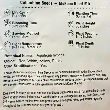 Columbine MCKANA GIANT Mix Perennial Hummingbirds Butterflies Non-Gmo 500 Seeds